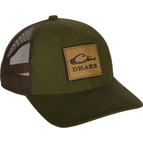 DRAKE SQUARE LEATHER PATCH CAP DARK GREN OLIVE